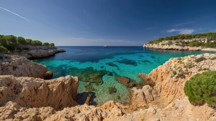 Fototapeta premium A breathtaking view of Cala S'Almunia in Santanyí, Mallorca, featuring crystal-clear turquoise waters, rugged coastal cliffs, and charming Mediterranean scenery in the Balearic Islands, Spain.