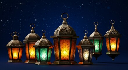 Obraz premium The Muslim holy month with Ramadan lanterns in desert 