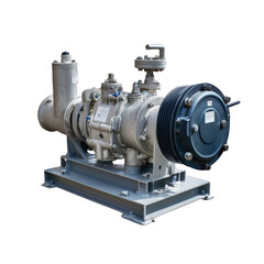 Fototapeta premium Industrial water pump with metal casing and base, designed for efficient fluid transfer in various applications. Ideal for construction and agricultural use