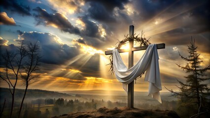 Dramatic Lighting on Christian Easter Cross with Stormy Sky