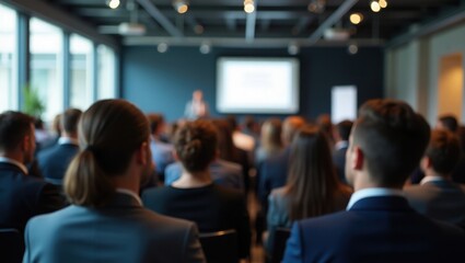businessmen and businesswomen in conference room, listening to the speakers which is on stage attentively	
