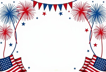 Obraz premium Minimalist 4th of July Invitation: Super Simple Sketch Style Template with Hand-Drawn Elements, American Flag Theme, and Fireworks Clipart on White Paper and a Clean White Background.