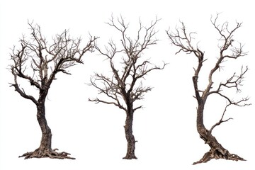 Four dead trees, isolated, white background, nature photography, graphic design