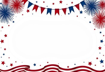 Obraz premium 4th of July Party Invitation Template: Super Simple Hand-Drawn Sketch Style with American Flag Theme, Fireworks, and Banners Clipart, Minimal Details on White Paper and Background.