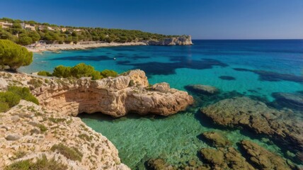 Fototapeta premium A breathtaking view of Cala S'Almunia in Santanyí, Mallorca, featuring crystal-clear turquoise waters, rugged coastal cliffs, and charming Mediterranean scenery in the Balearic Islands, Spain.