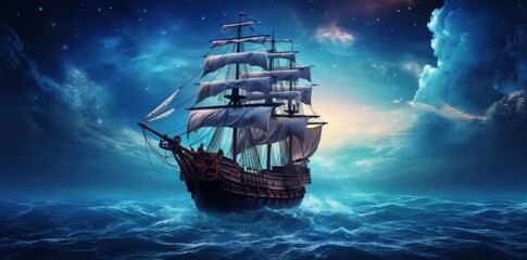 Fototapeta premium Majestic sailing ship ocean digital art fantasy aerial view adventure