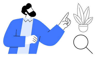 Man pointing to a potted plant and magnifying glass. Ideal for business growth, education, research, analysis, scientific discovery, learning, innovation. Bold blue black and white abstract line