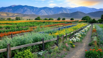 A rustic wooden fence separating a wildflower meadow from rows of organic vegetable crops, with mountains in the distance.