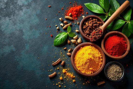 Spices and herbs, vibrant colors, dark concrete backdrop , still life, cumin