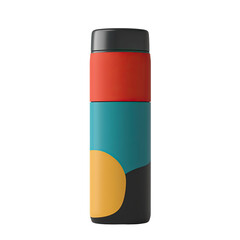 Modern insulated travel mug with colorful geometric design, perfect for keeping beverages hot or cold on go. Ideal for daily use or outdoor adventures