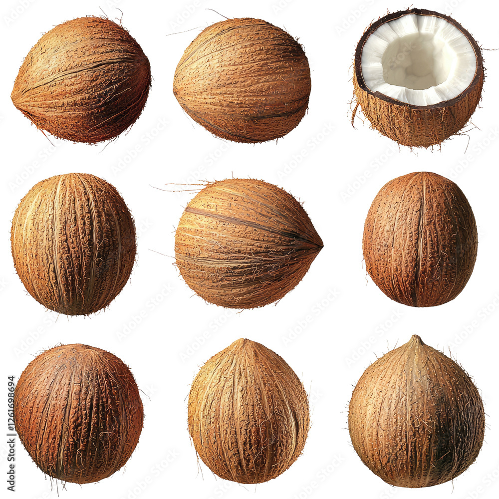 Aufkleber coconuts in various stages, showcasing whole and halved fruits with textured shells. image highlight