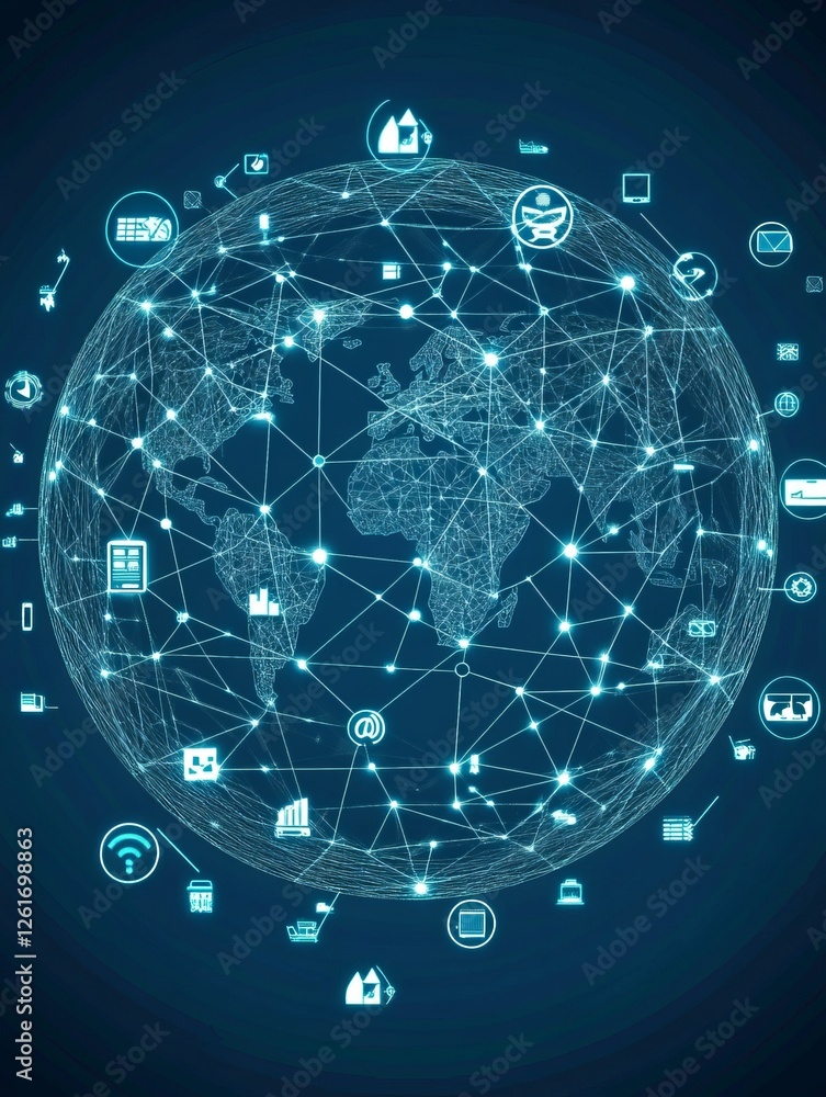 Poster global network connection with icons. digital technology background.