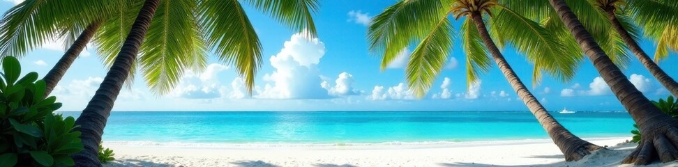 White sand, tall palm trees frame azure ocean, bright, sand