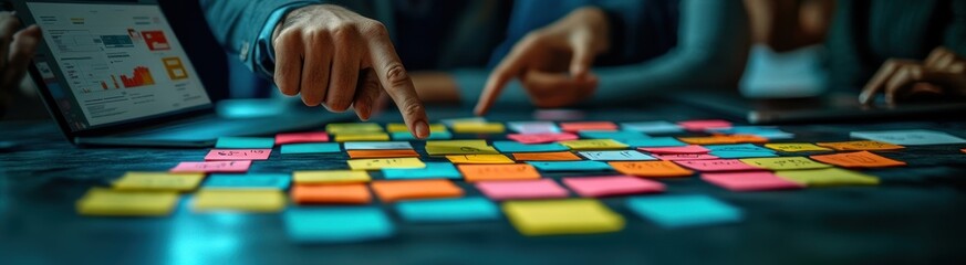 Fototapeta premium A group of people are pointing at a table with colorful sticky notes