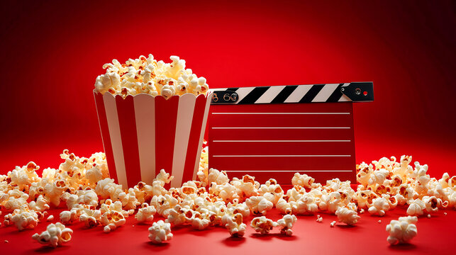Movie clapperboard and popcorn on a red background
