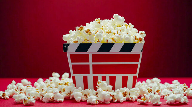 Movie clapperboard and popcorn on a red background