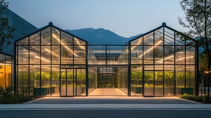 Fototapeta premium Exterior of a modern greenhouse with sleek glass panels and automated ventilation systems, set against a mountainous backdrop.