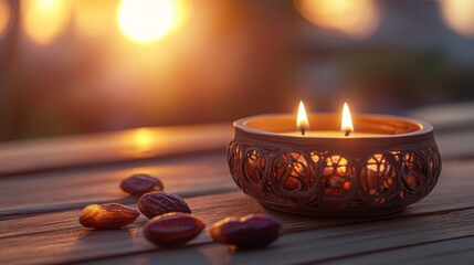 Dates and candle holder on a wooden surface. Closeup Concept
