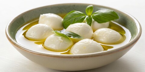 Freshly made mozzarella balls in olive oil garnished with basil leaves served in a rustic bowl