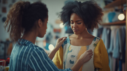 A woman fashion designer conducting a fitting session with a model, making minor adjustments to the garment's design