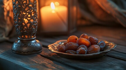 Dates and candle holder on a wooden surface. Closeup Concept