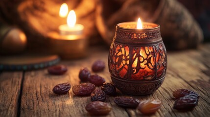 Dates and candle holder on a wooden surface. Closeup Concept