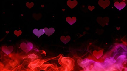 Valentine's Day red and black Background. Holiday Blinking Abstract Valentine Backdrop with Glowing Hearts. Heart Shaped Bokeh. Love concept. Valentine's art is vivid design. Romantic banner
