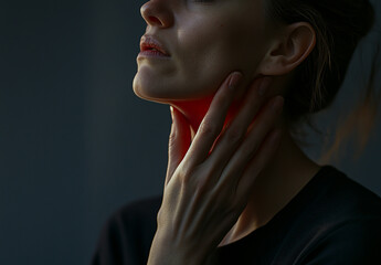 Woman experiencing neck pain with red spots on her collarbone, isolated on a gray background.