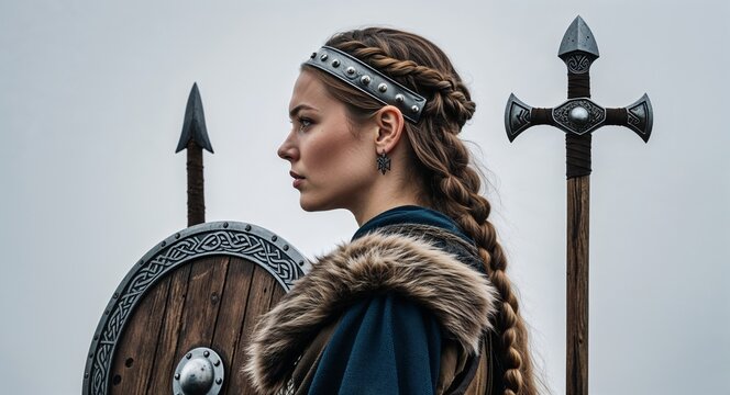 Viking shieldmaiden side view portrait on plain white background