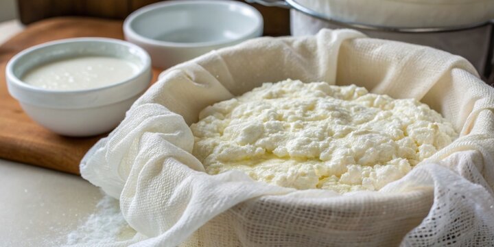 Freshly made cheese curds on a kitchen countertop alongside bowls of whey and cream