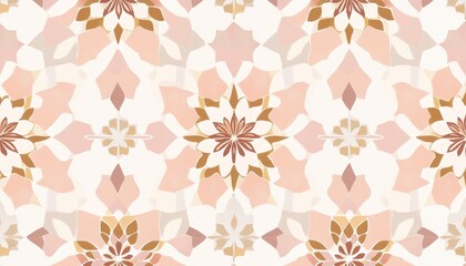 Abstract seamless pattern with pink, beige, and brown floral motifs. Soft, pastel color palette. Geometric shapes create a symmetrical design