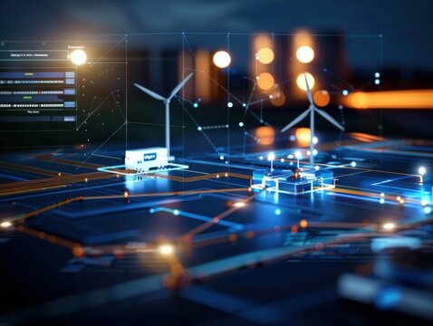 Innovative energy solutions smart grid technology urban areas digital art futuristic environment aerial view renewable concept