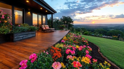 Obraz premium Sunset view from modern home deck with vibrant flowers