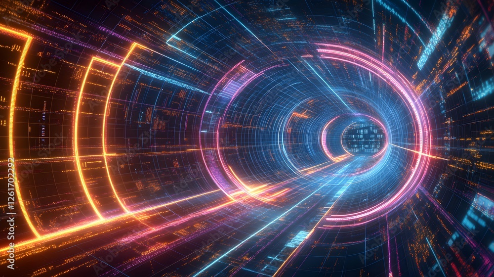 Poster digital tunnel with glowing lines and shapes leading to end