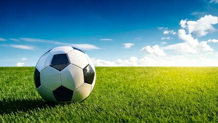 Naklejka premium サッカーのイメージ 青空 芝生 おしゃれ 背景素材 チラシ・バナー・動画素材 AI生成素材 