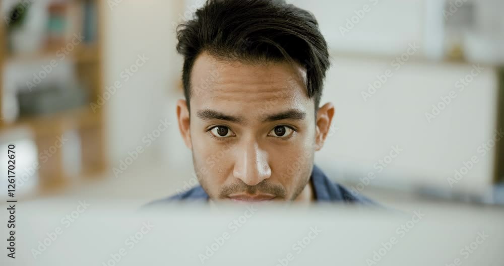Poster computer, reading screen and business man in office for planning, online project and website at desk