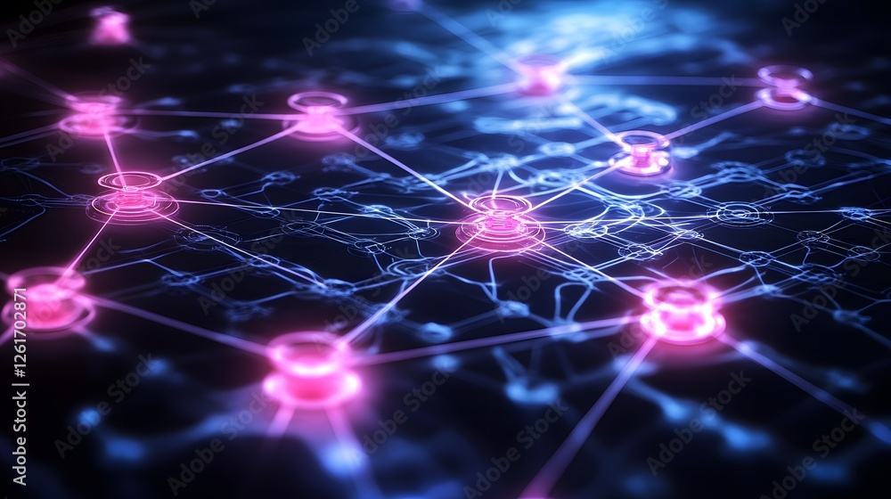 Poster abstract network of glowing nodes and connecting lines is shown
