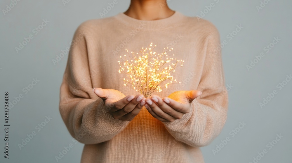 Poster soft minimalism womans hands cradling glowing abstract network - digital care imagery for tech marke