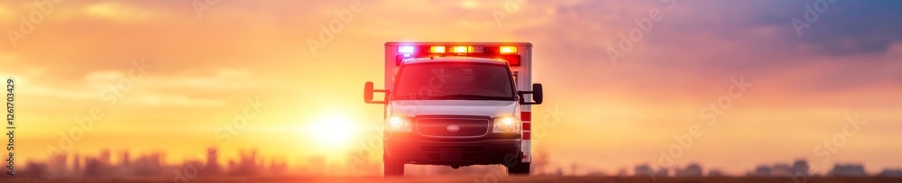 Poster dynamic urban rescue paramedics with high-tech equipment in led-lit ambulance at sunset - emergency 