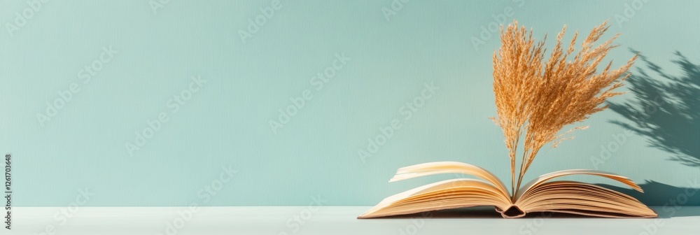 Leinwandbilder minimalist educational display open book with fanned pages and laptop on matte surface - innovative 