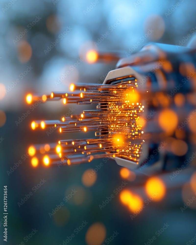 Poster Bioluminescent Fiber Optics Display Digital Networking Glow with Holographic Effects - Advanced Tech Content and Futuristic Communication Solutions