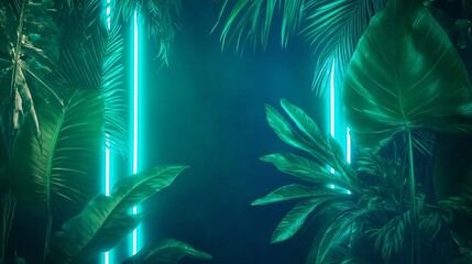 Tropical Leaves And Neon Light Frame