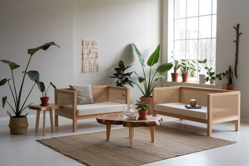 Bright Scandinavian Living Room with Plants and Natural Materials