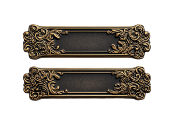 Ornate Brass Plaques:  A pair of elegant, antique-inspired brass plaques with ornate floral scrollwork frame a blank canvas, offering a touch of vintage charm for signage or decorative purposes. 