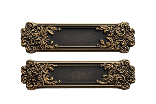 Ornate Brass Plaques:  A pair of elegant, antique-inspired brass plaques with ornate floral scrollwork frame a blank canvas, offering a touch of vintage charm for signage or decorative purposes. 