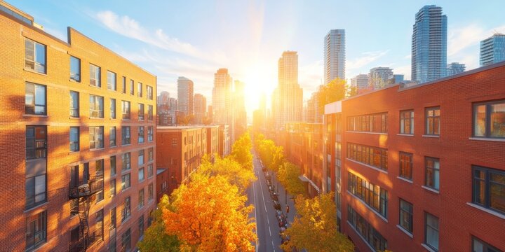 Vibrant Urban Panorama Brick Facades in Downtown - Contemporary City Living Appeal, Real Estate Visualization and Modern Transit-Oriented Development Showcase