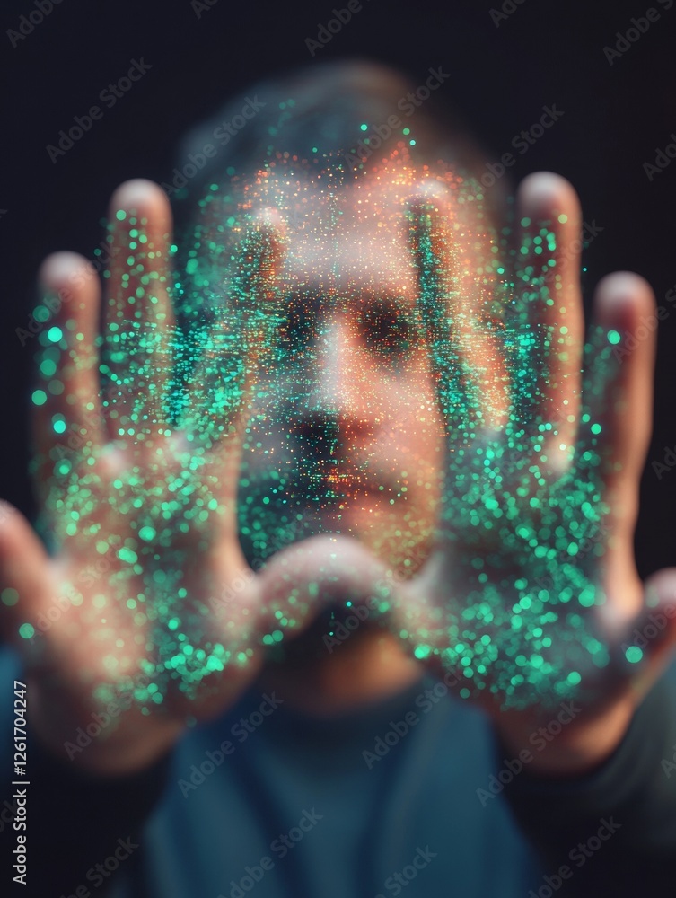 Poster Futuristic Holographic Interface Virtual Hands with Digital Patterns in Neon Texture - Innovative Tech for Interactive Design and Immersive Experience Showcases