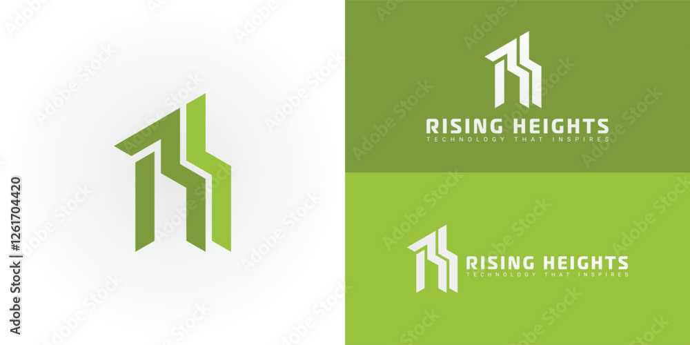 Poster the dynamic logo design features the initials rh creatively integrated into a stylized arrow or ligh