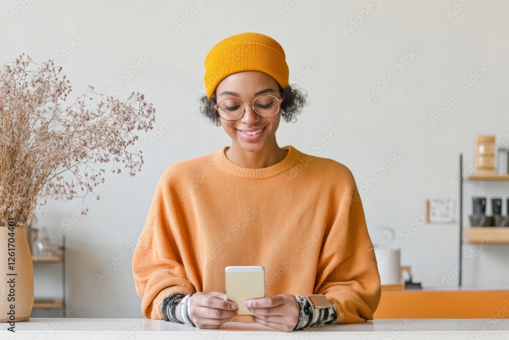Poster modern minimalist retail experience young freelancer with prosthetic arm using adaptive smartphone f