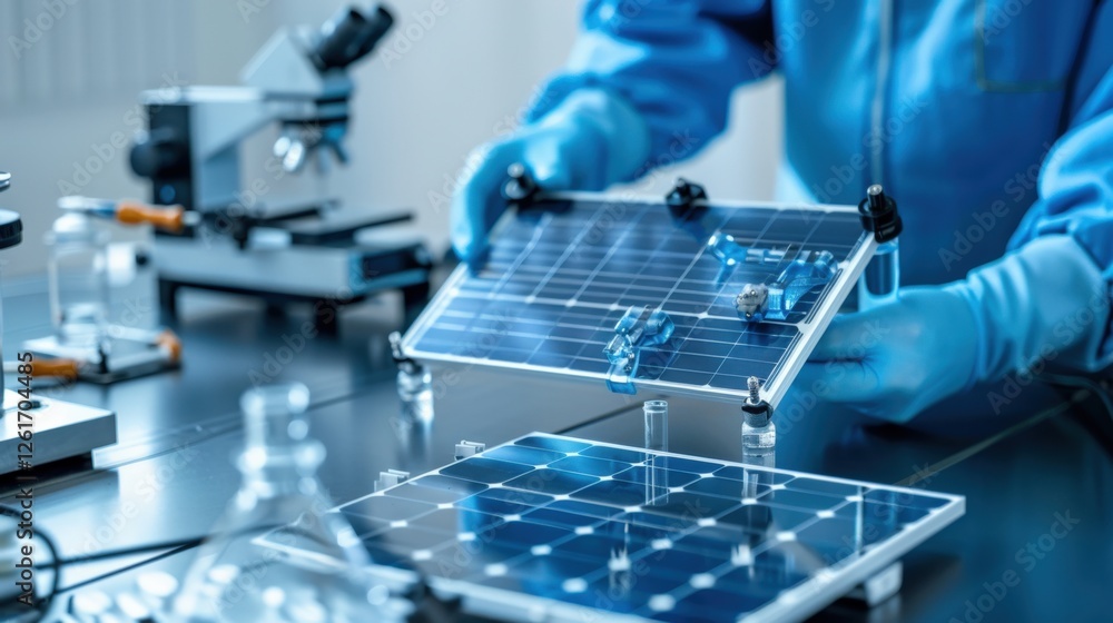 Poster solar panel assembly process in a research lab science experiment indoor environment close-up view r